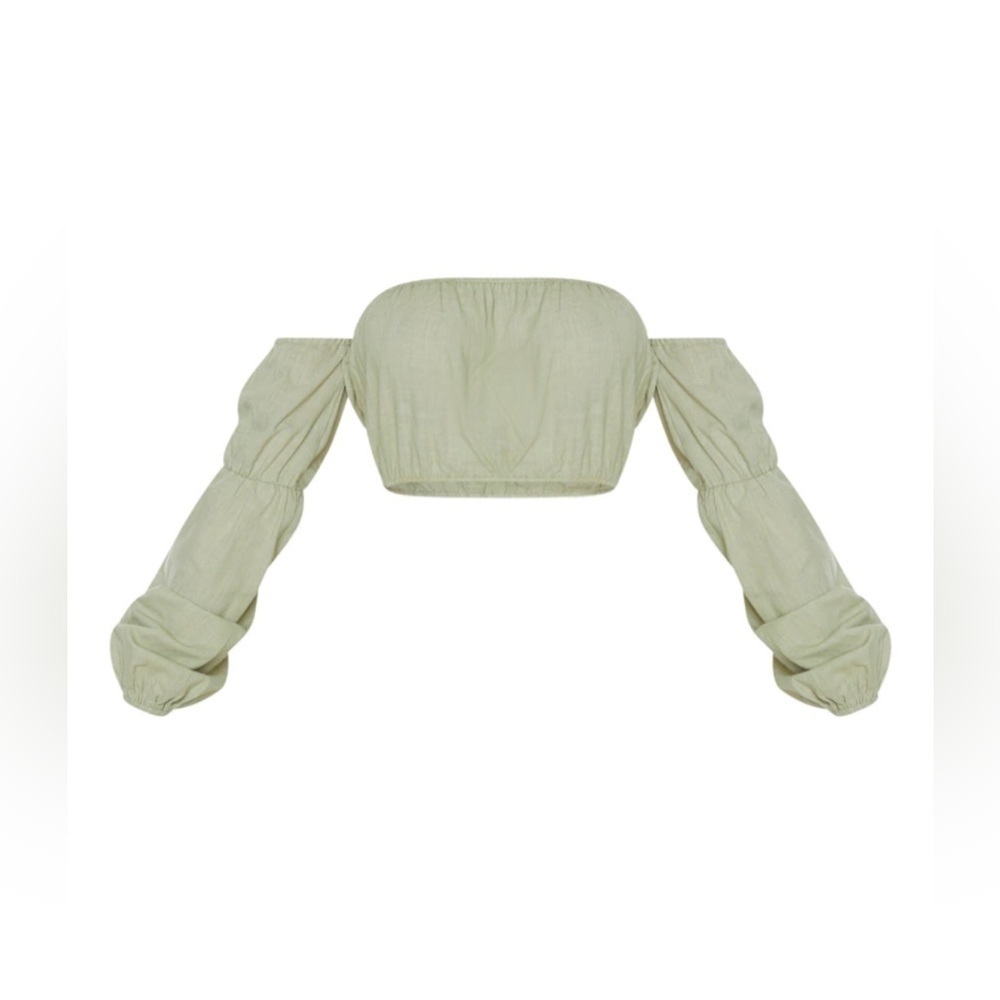 NWT Pretty Little Thing Pale Khaki Linen Look Bardot Puff Sleeve Beach Top - Picture 2 of 5